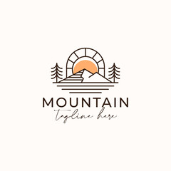 Vintage Sunrise Mountain Pine Tree Evergreen Tree for Outdoor Adventure Logo Design Template Isolated in White Background