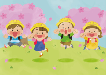 桜の中でジャンプする小学生の子供たち２