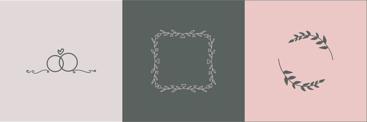 hand drawn line flower logo with floral design and ring for wedding invitation