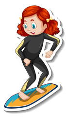 Sticker design with a girl on surfboard isolated