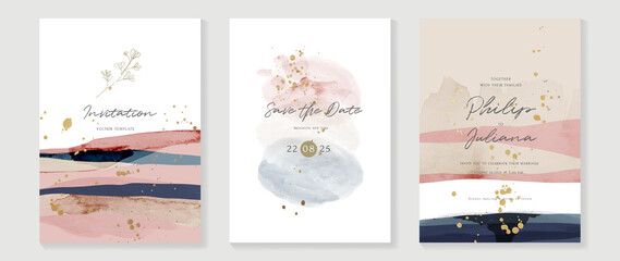 Abstract art background vector. Luxury invitation card background with golden line art flower and botanical leaves, Organic shapes, Watercolor. Vector invite design for wedding and vip cover template.