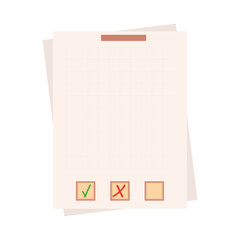 Survey form, paper page or check list. Choose a test, exam, questionnaire or quiz. Question and answer selected and check mark. The result of a survey form, report, schedule, vote. Vector illustration