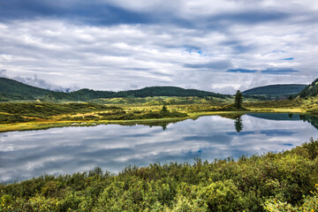 Mountain landscape with a lake. Ulagan district, Altai Republic