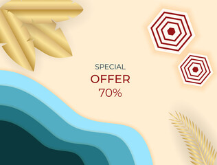 Summer sale banner with paper cut tropical leaves background, exotic floral design for banner, flyer, invitation, poster, web site or greeting card. Paper cut style, vector illustration