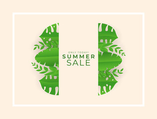 Summer sale banner with paper cut tropical leaves background, exotic floral design for banner, flyer, invitation, poster, web site or greeting card. Paper cut style, vector illustration