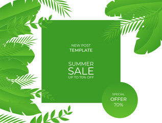 Summer sale banner with paper cut tropical leaves background, exotic floral design for banner, flyer, invitation, poster, web site or greeting card. Paper cut style, vector illustration