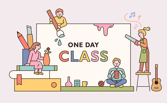 People are holding various hobby items in front of a large board. One day class poster for hobbies. outline simple vector illustration.