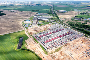 aerial panoramic view of biggest open air farmers market Tabory near Minsk city, Belarus