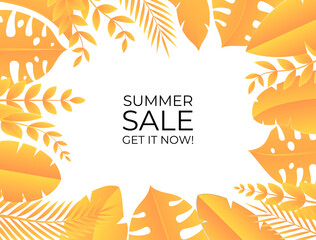 Fototapeta na wymiar Summer sale banner template. Social media post or story template. Green and orange leaves floral background for banner, poster, backdrop, flier and more