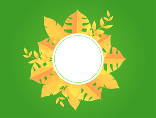 Yellow leaves patterns with exotic green monstera leaves and palm branches, summer tropical backgrounds
