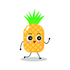 Vector illustration of yellow pineapple character with cute expression, walk, happy, funny, pineapple isolated on white background, simple minimal style, fresh fruit for mascot collection, emoticon
