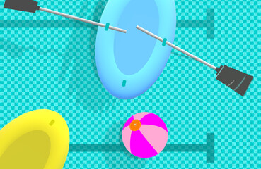 INFLATABLE mattress and boat, classic float in the pool. Refreshing card, top view. Reflections of the water. Leisure and free time. Relaxing, swimming bed. Summer scene. 