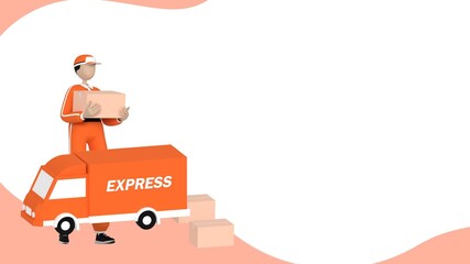 Delivery man carrying paper box Delivery car service concept. Online shopping, trendy 3d illustration, 3d rendering.