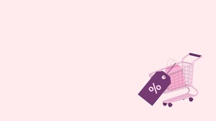 Shopping cart with percent tag, trendy 3d illustration, 3d rendering.