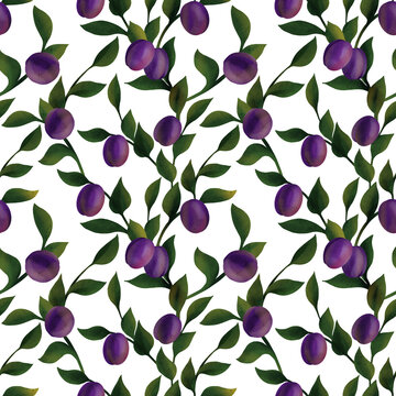 seamless pattern with drawing branches of plum tree with fruits and leaves at white background, hand drawn illustration