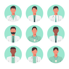 People portraits of faceless males doctor, men face avatars isolated at round icons set, vector flat illustration