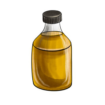 drawing glass bottle with oil, hand drawn illustration