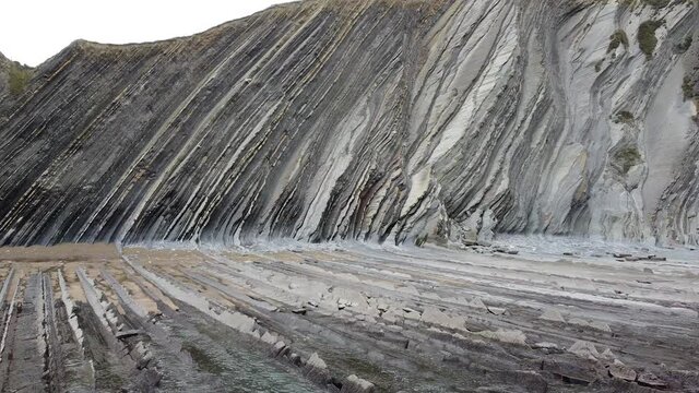 Aerial drone view of the coast flysch structure in the beach of Sakoneta in the Basque Country