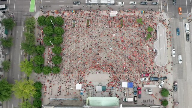 Top Down Aerial Of A Huge Crowd Of Protesters Occupying A Downtown City. The Cancel Canada Day Protest At The The Vancouver Art Gallery During The Residential Schools Mass Graves News