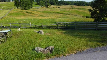 Cannon and the battlefield at Gettsyburg, an aerial drone that covers