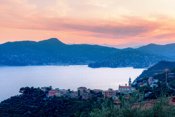 Panoramic sunset view to Portofino and Santa Margherita Ligure coastline, view from Chiavari, Liguria, Italy