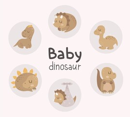 Cute cartoon little dinosaur collection. Baby dino clipart. Set of flat hand drawn brontosaurus, tyrannosaurus, Stegosaurus, triceratops.