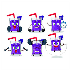 A healthy grapes juice cartoon style trying some tools on Fitness center. Vector illustration