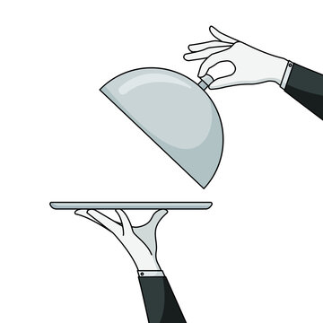 Elegant waiter hands holding silver serving tray and lid cover cloche for food. Vector flat cartoon illustration