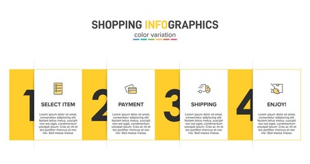 Concept of shopping process with 4 successive steps. Four colorful graphic elements. Timeline design for brochure, presentation, web site. Infographic design layout.