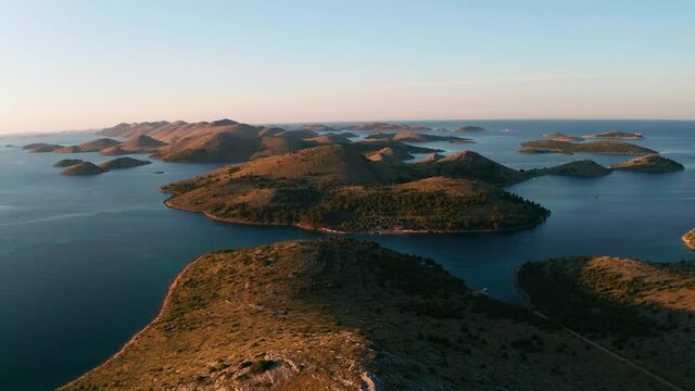 Aerial view of Kornati island archipelago at sunrise. Croatia.