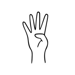 Hand with four fingers splay. Gesture human hand. Vector doodle illustration.