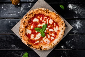 Foto auf Acrylglas Neapel true Italian Pizza. Traditional Pizza Margherita with fresh mozzarella and basil