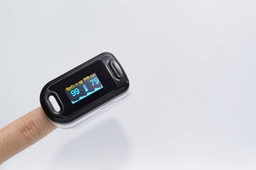 White portable fingertip pulse oximeter with multi-colored display isolated on white background. To measure SPO2 and Pr Values at home..
