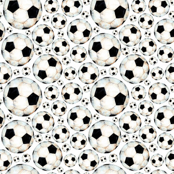 Watercolor illustration of a soccer ball pattern. Sports symbol. Seamless repeating print of the World Cup. Isolated over white background. Drawn by hand.