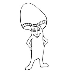 Black and white illustration with a cheerful mushroom. Vector.