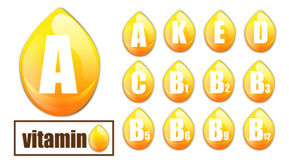 A set of vitamins in the form of a drop. A set of vitamins: A, B1, B2, B3, B5, B6, B9, B12, K, E, D.