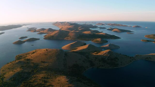 Aerial view of Kornati island archipelago at sunrise. Croatia.