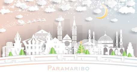 Paramaribo Suriname City Skyline in Paper Cut Style with Snowflakes, Moon and Neon Garland.