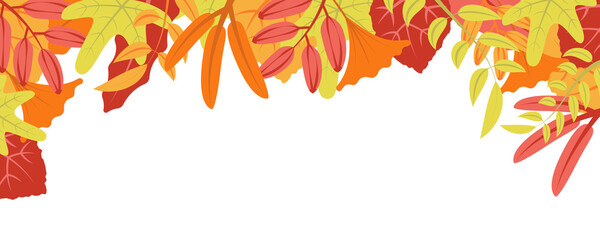 Fototapeta premium Autumn nature background with leafage pattern concept. Horizontal web banner with orange, red and yellow leaves. Autumnal colourful elements border. Vector illustration in flat design for website