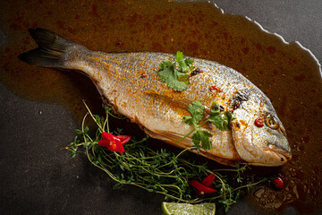 raw fish with herbs and sauce