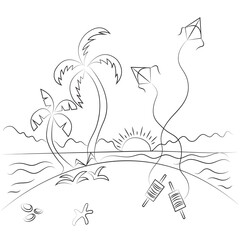 cute tree sun river line cartoon style suitable for kids coloring page background vector illustration.