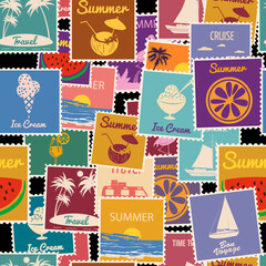 Postage stamps seamless pattern Summer vacation. Retro background signs travel exotic tour. Vector illustration background vintage style