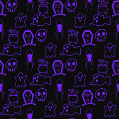 Halloween pumpkins, bats and spiders grungy seamless background. Halloween seamless pattern.  Purple background or seamless texture.