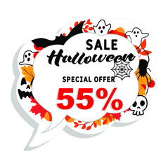 Sale Banner for Happy Halloween holiday. Autumn sale background with 55% discount. Discount card for web, poster, flyers, ad, promotions, blogs, social media, marketing. Halloween Sale special offer.
