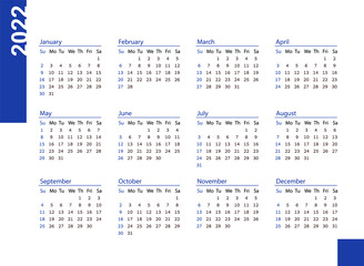 Horizontal blue pocket calendar on 2022 year. Vector template