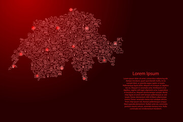 Switzerland map from red and glowing stars icons pattern set of SEO analysis concept or development, business. Vector illustration.