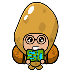 cartoon vector cute potato mascot costume character camping carrying a camping bag and holding a map