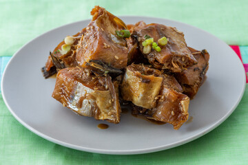 Korean Braised semi-dried pollock side dish which is called Kodari Jorim