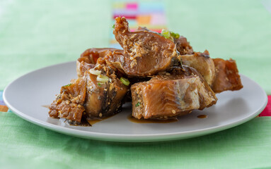 Korean Braised semi-dried pollock side dish which is called Kodari Jorim
