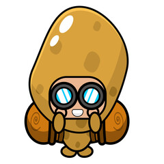 cartoon vector cute potato mascot costume character camping carrying a camping bag and binoculars
